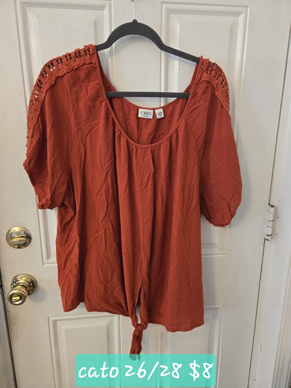 Cato Rust Tie-Front Crochet-Shoulder Women's Tunic
